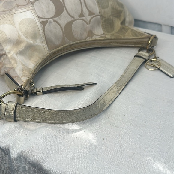 Coach Signature Hobo Bag Canvas Leather Metalic Gold Beige No.C1293-F19195 - Picture 7 of 9